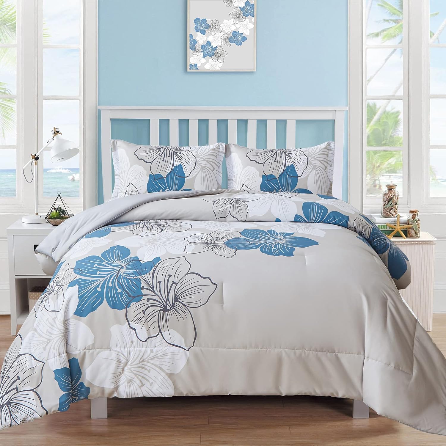 Menghomeus California King Comforter Set with Blue Floral Design