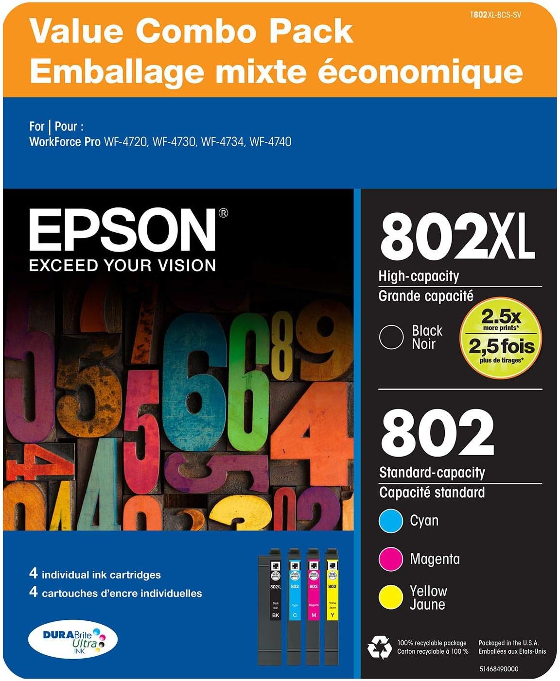 Epson 802 XL Black & Standard Color Ink Pack - DURABrite Ultra