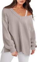 Oversized Long Sleeve Shirts for Women - Loose V Neck Tunic Top