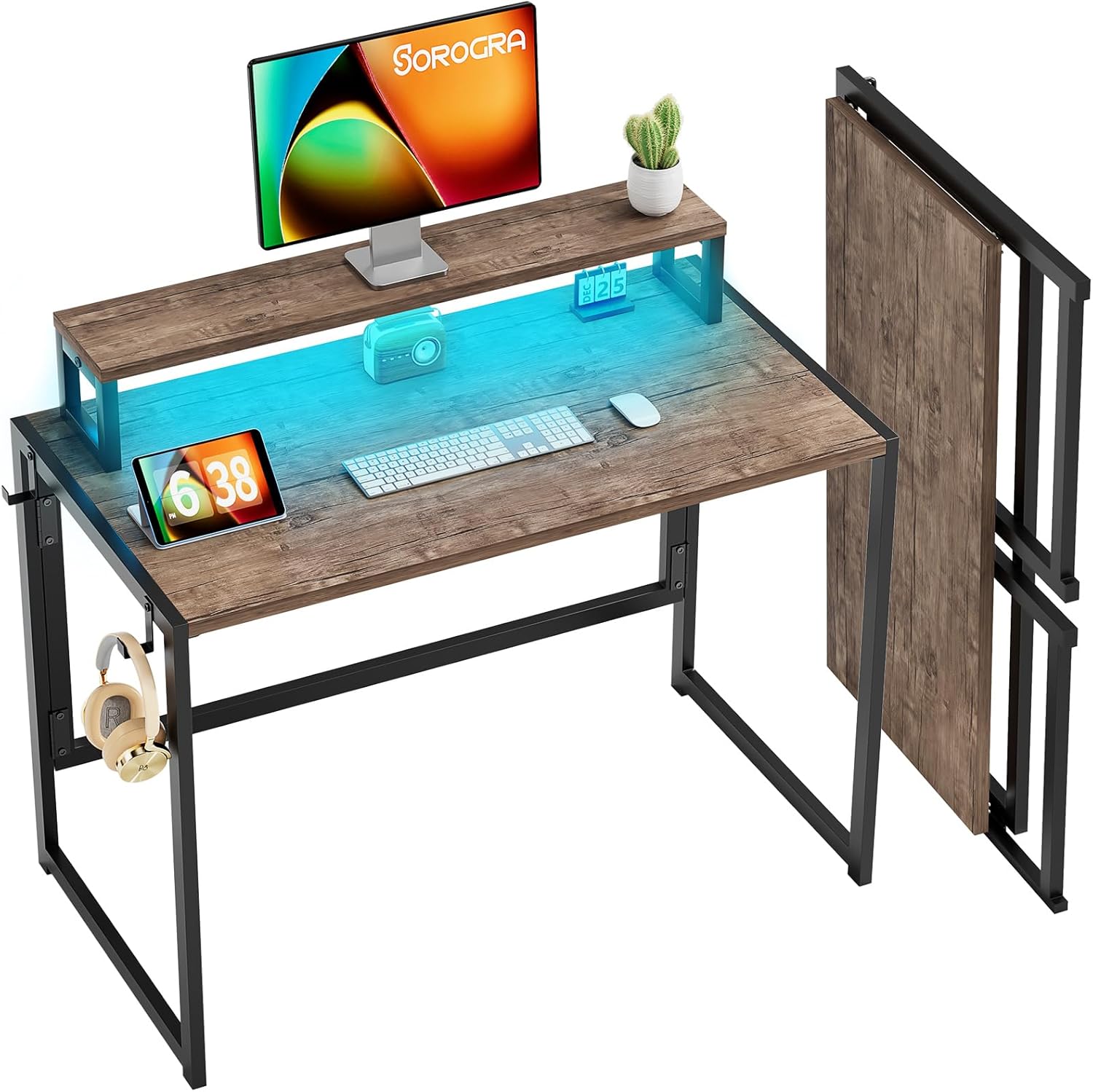 Small Folding Desk with LED Lights and Monitor Stand for Home