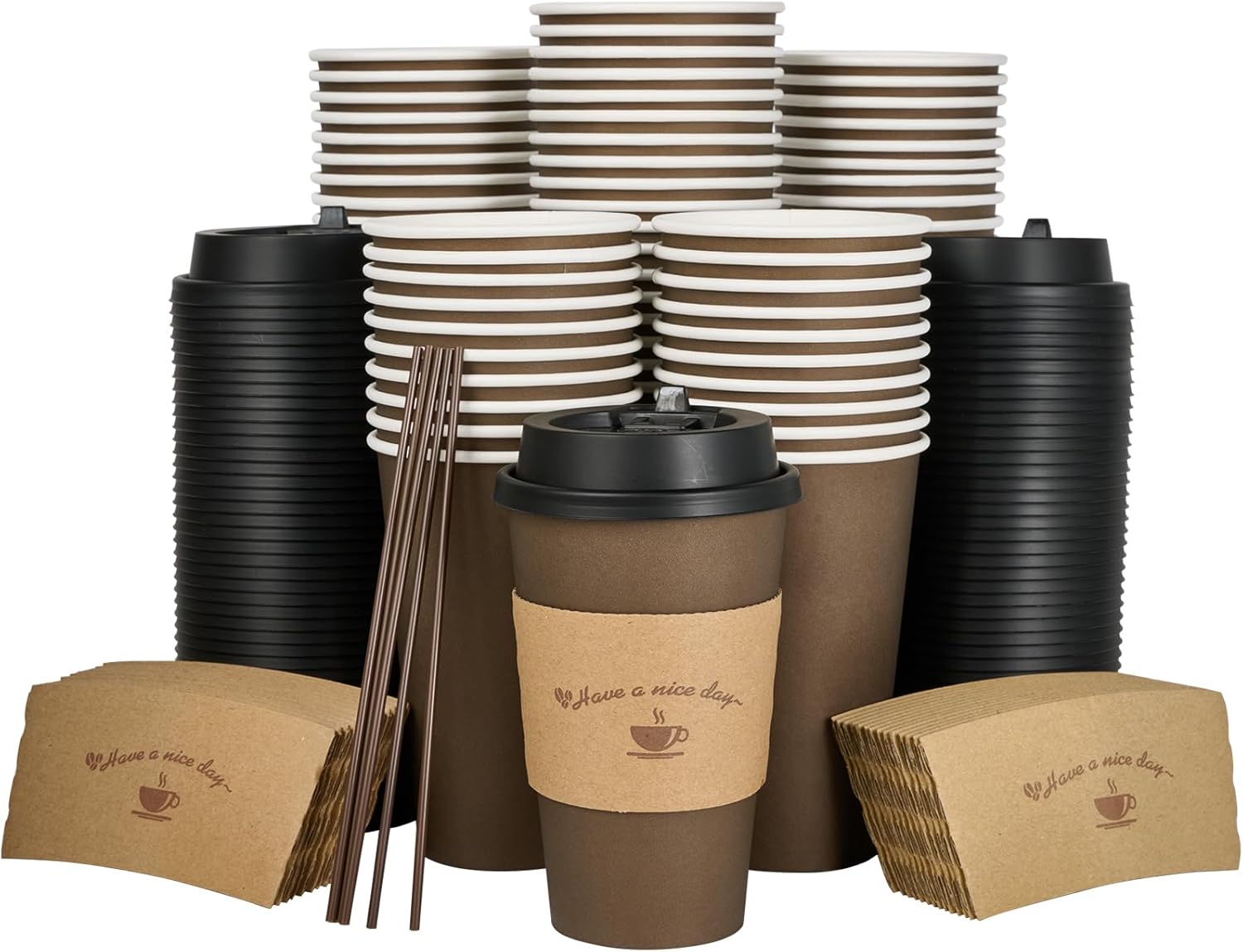 LITOPAK 100 Pack 16 oz Brown Hot Coffee Cups with everything you need
