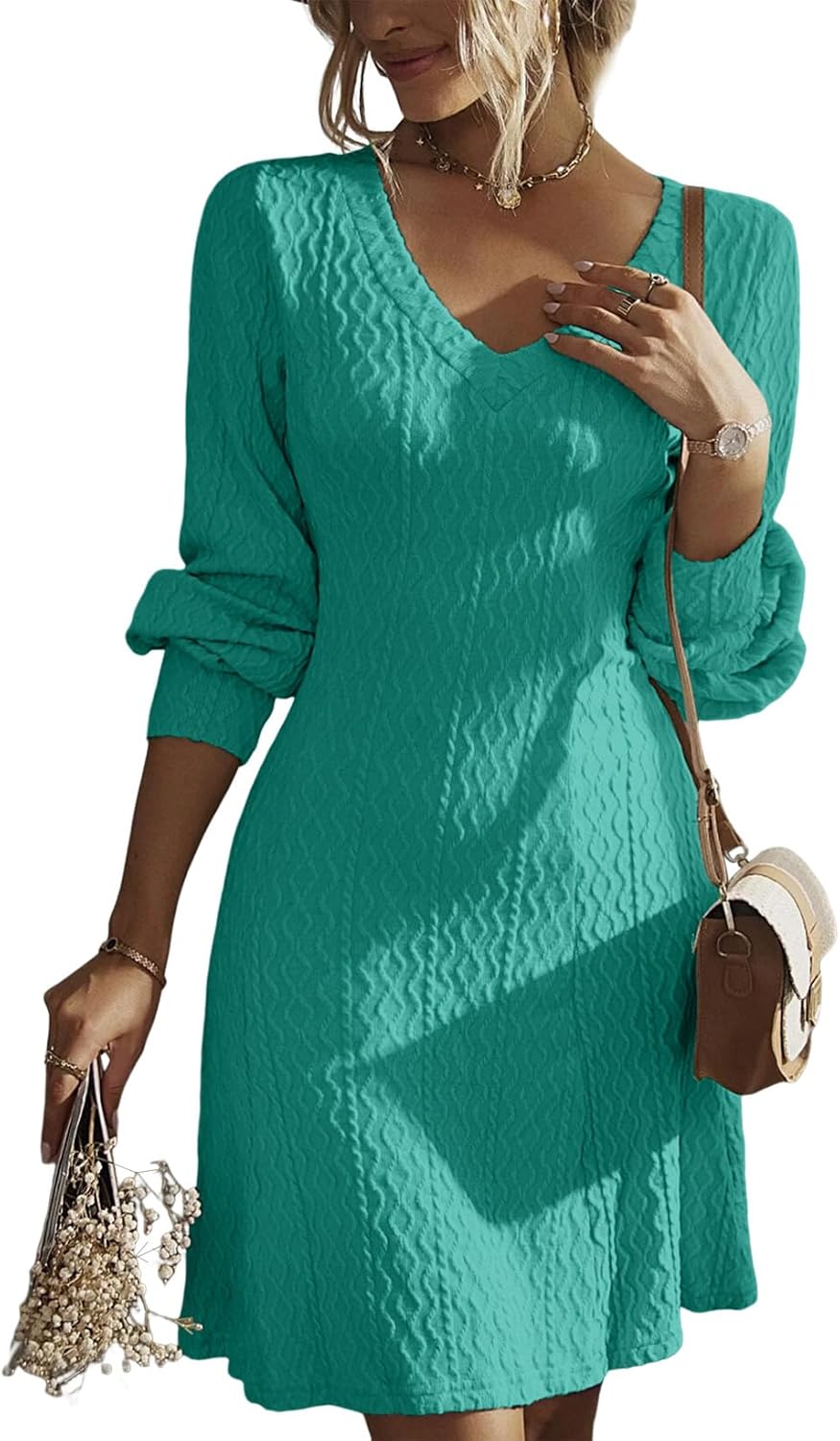Trendy V Neck Knit A Line Long Sleeve Dress for Women 2025