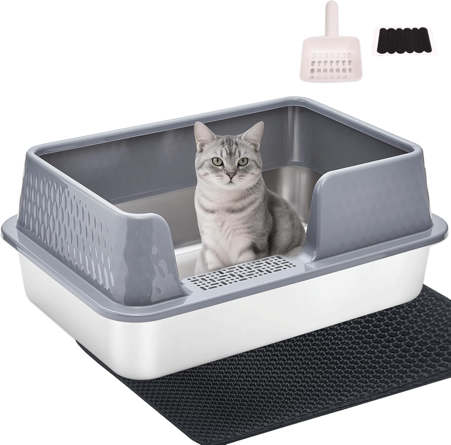 Stainless Steel Litter Box with Lid for Senior Cats and Kittens