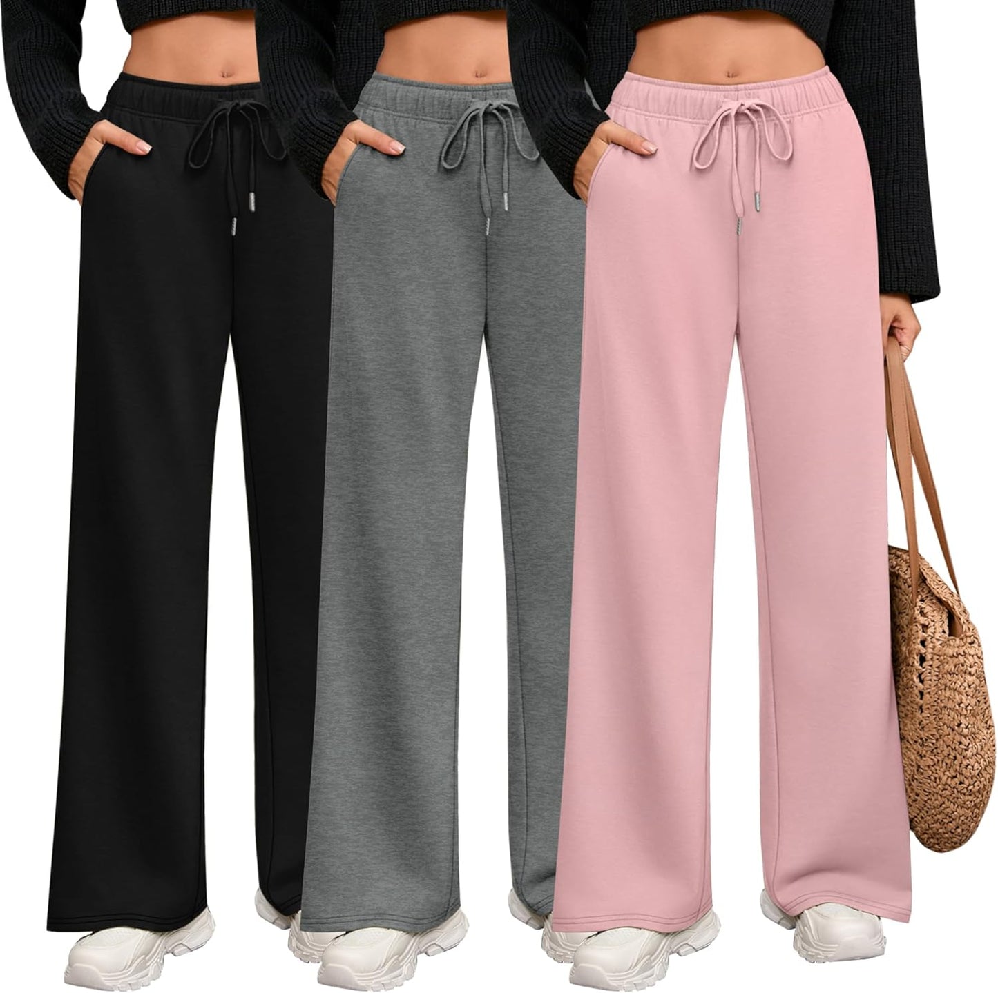 Riyiper 3 Pack Women Wide Leg Sweatpants with Pockets and Drawstring