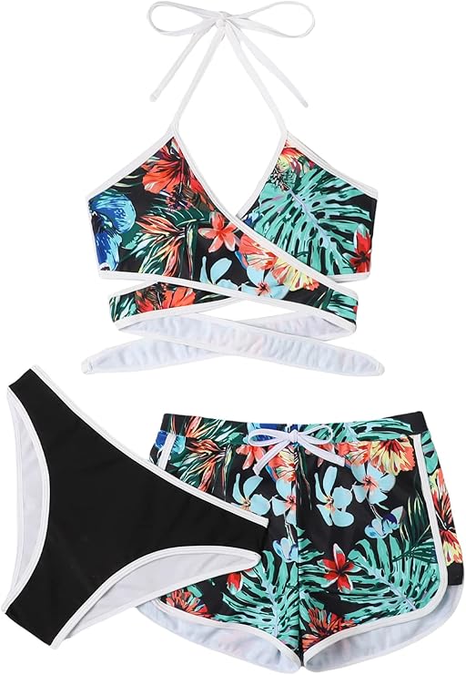 SweatyRocks Women's Three Piece Swimsuit Leaf Print Bikini Set
