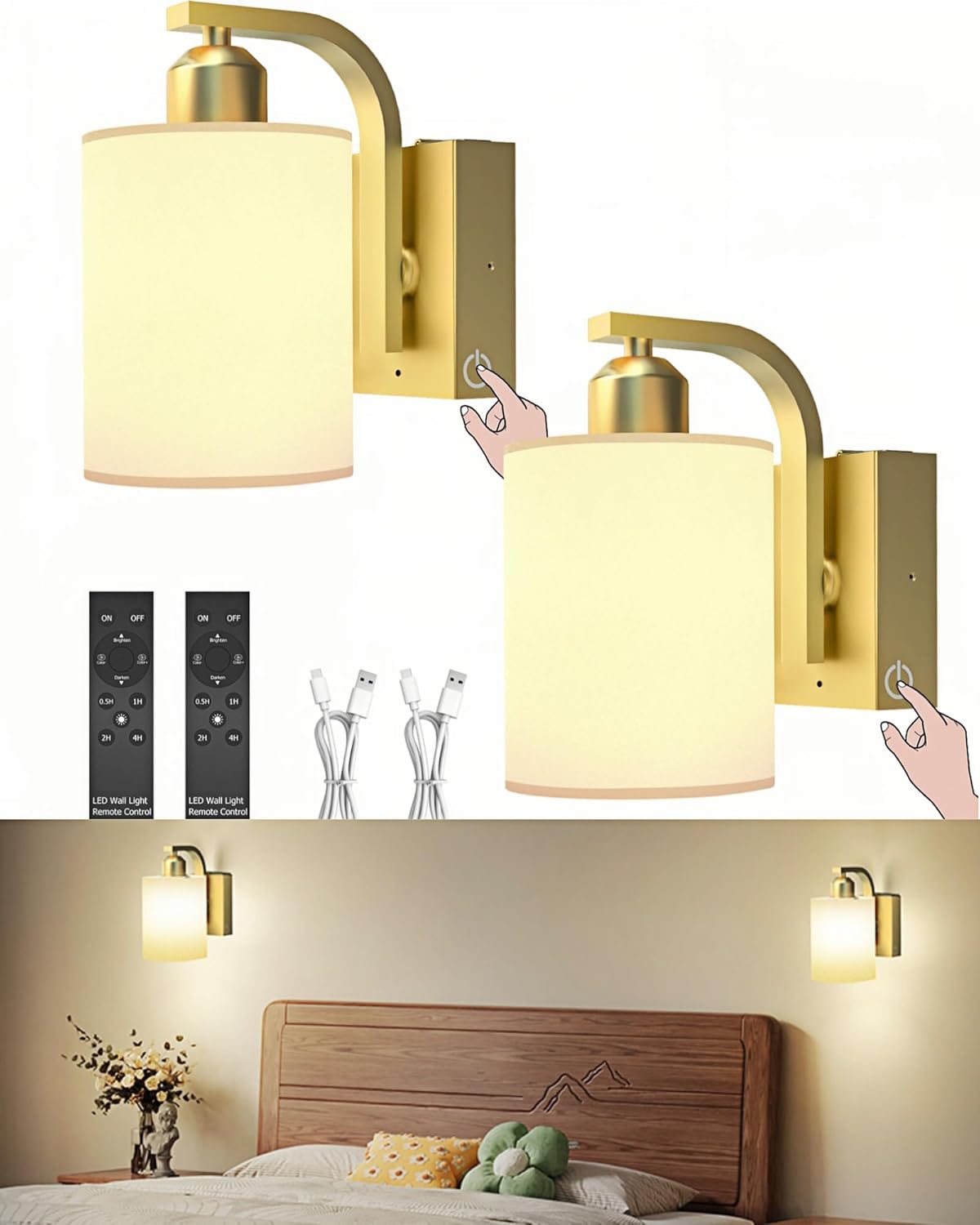 Battery Operated Wall Sconces Set of 2 for Modern Decor