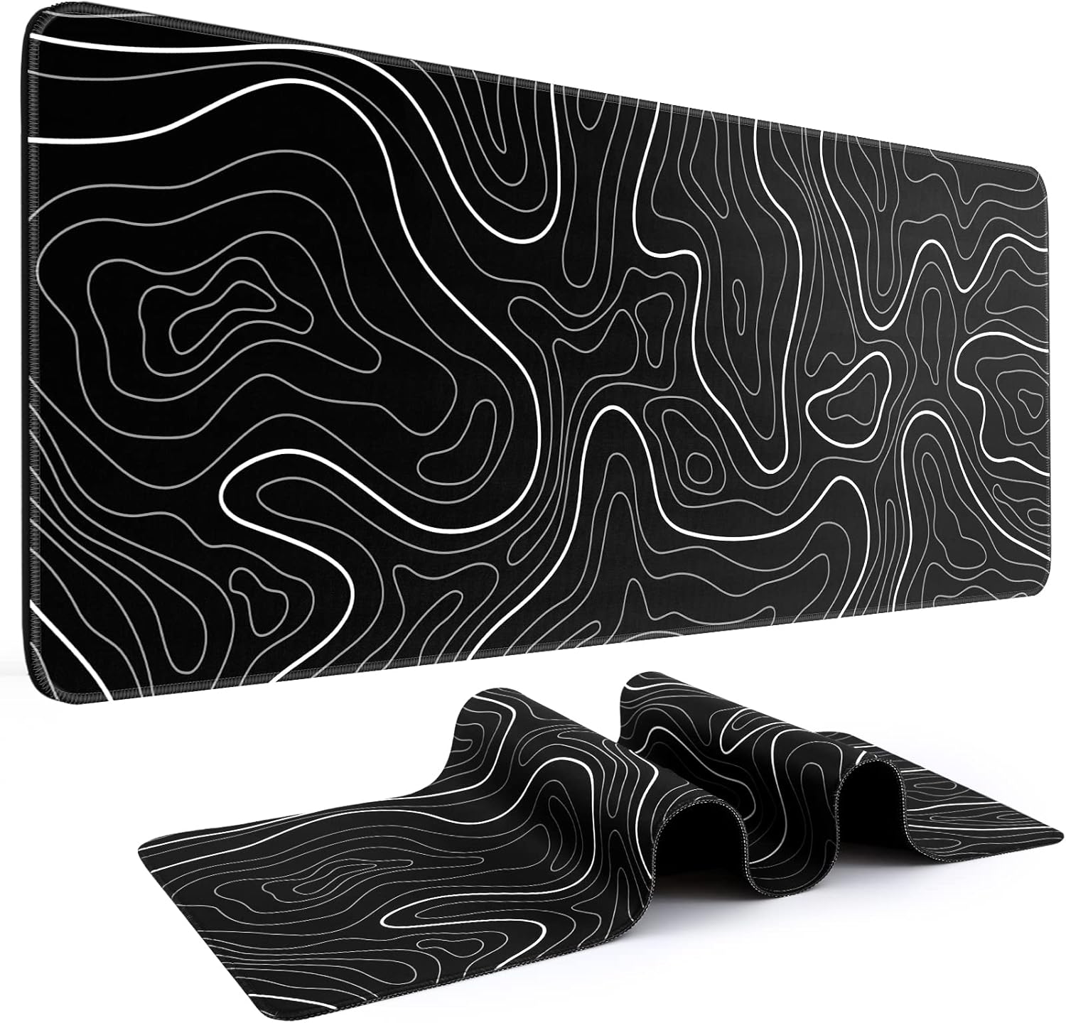 XL Gaming Mouse Pad 31.5x11.8in Anti-Slip Base - Black/White Topographic Line by DIGSOM
