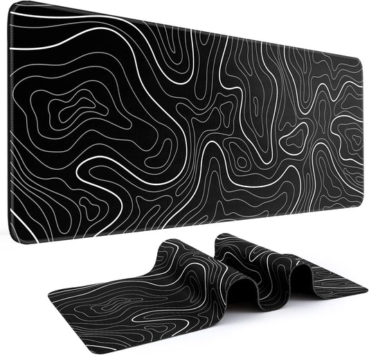 XL Gaming Mouse Pad 31.5x11.8in Anti-Slip Base - Black/White Topographic Line by DIGSOM
