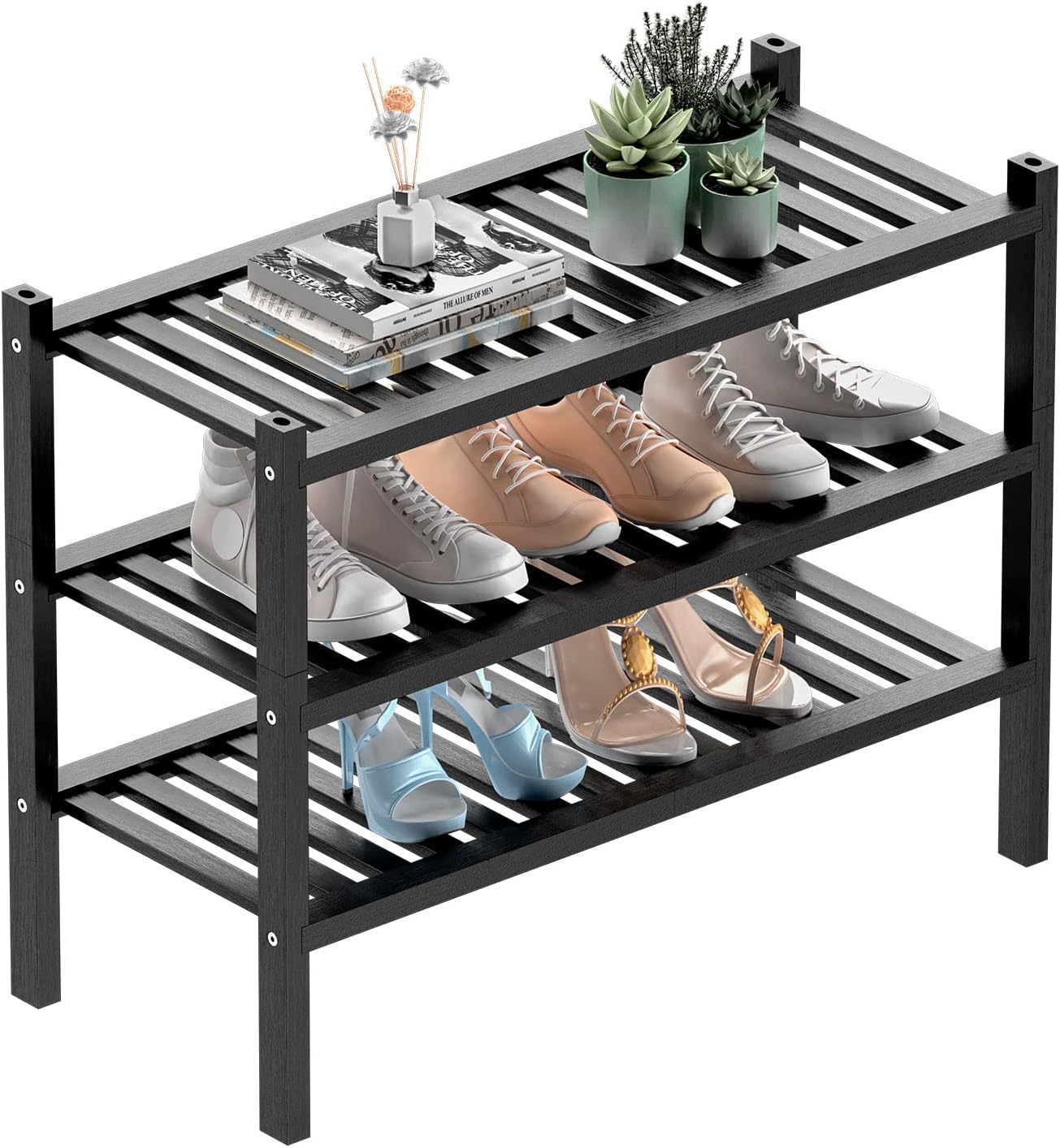 3 Tier Bamboo Shoe Rack for Entryway - Stackable and Sturdy