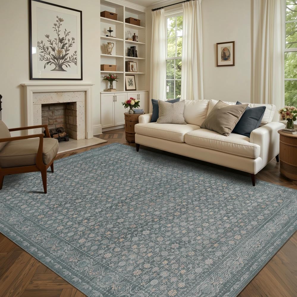 Vintage Boho Light Blue Area Rug 5x7 for Living Room Decor