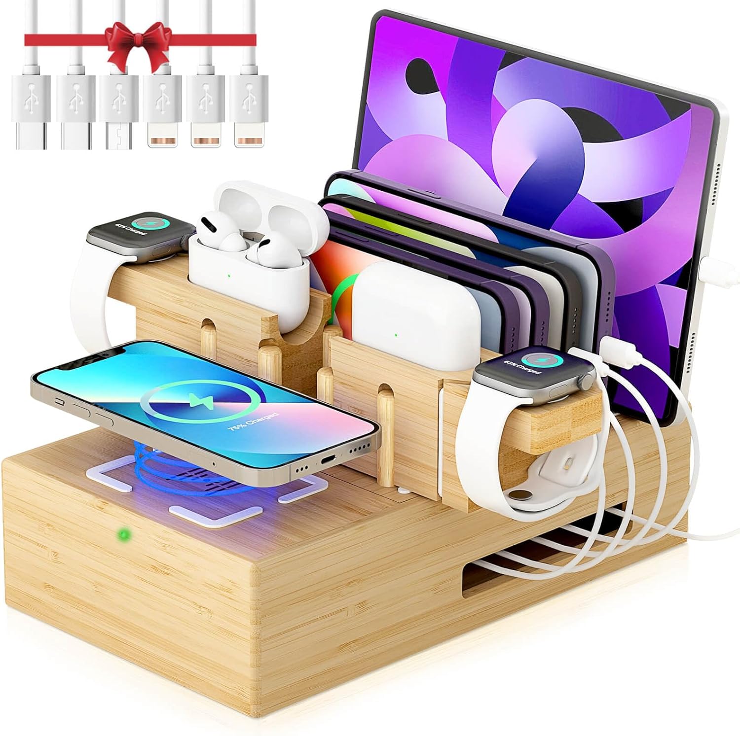 Darfoo Bamboo Phone Charging Station with 7 USB Ports & Qi Fast Charge
