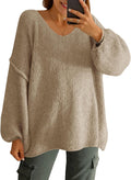 Womens Oversized V Neck Sweater - Chunky Knit Lantern Sleeve