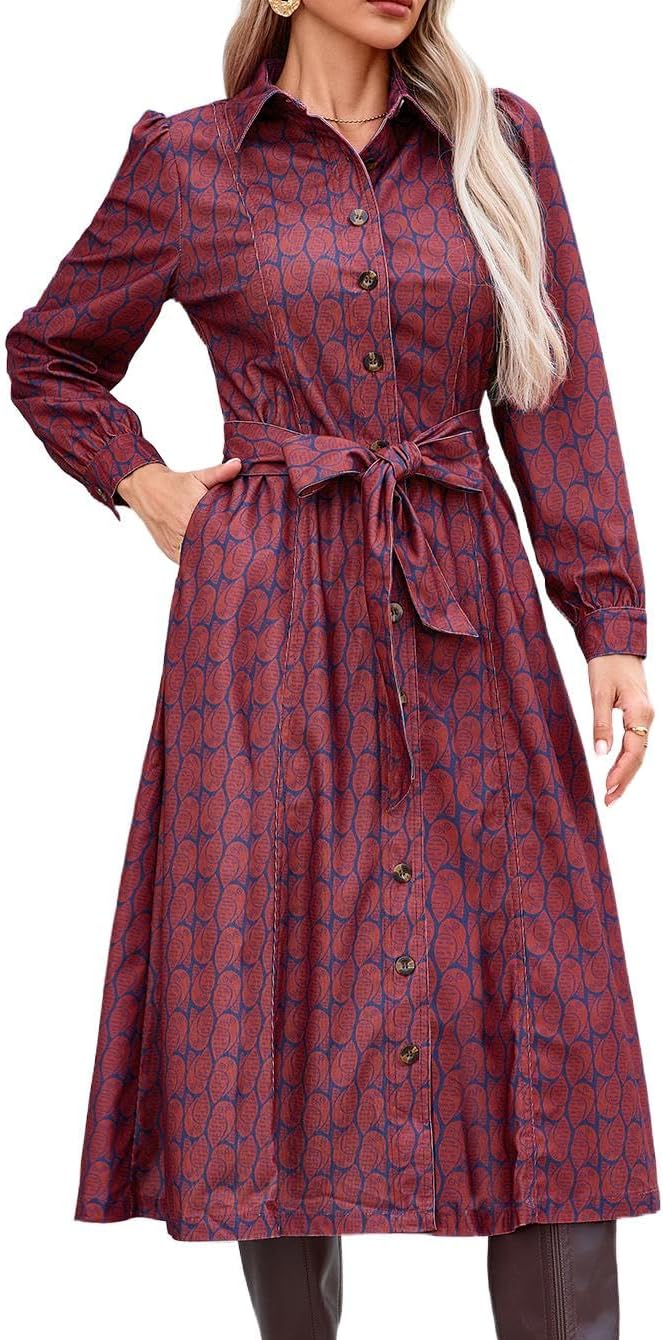 Women's Corduroy Maxi Dress with Long Sleeves and Belted Style
