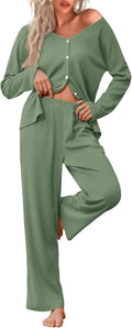 Ekouaer Womens Waffle Knit Pajamas Two-Piece Set - Soft, Breathable is