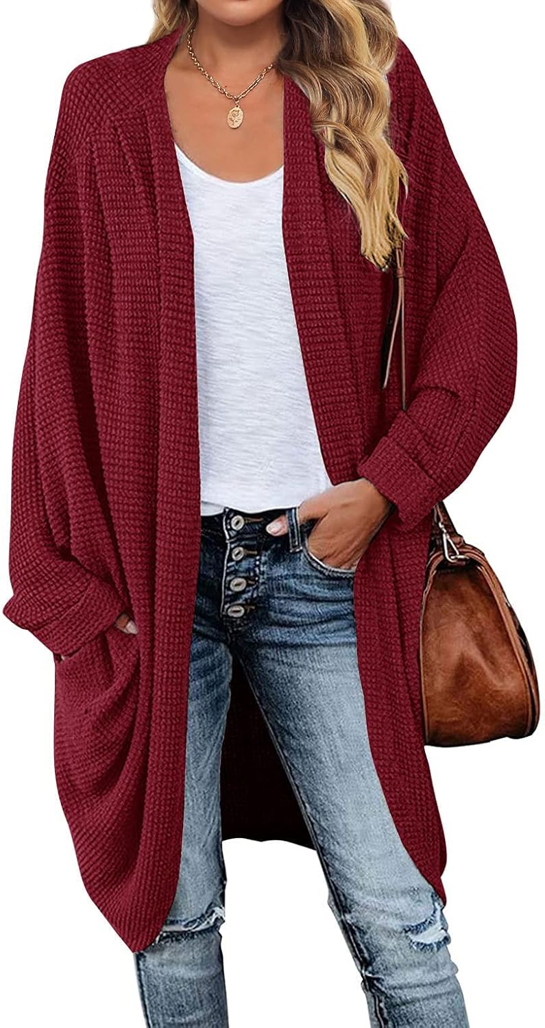 Waffle Knit Batwing Long Sleeve Cardigan for Cozy Fall Style