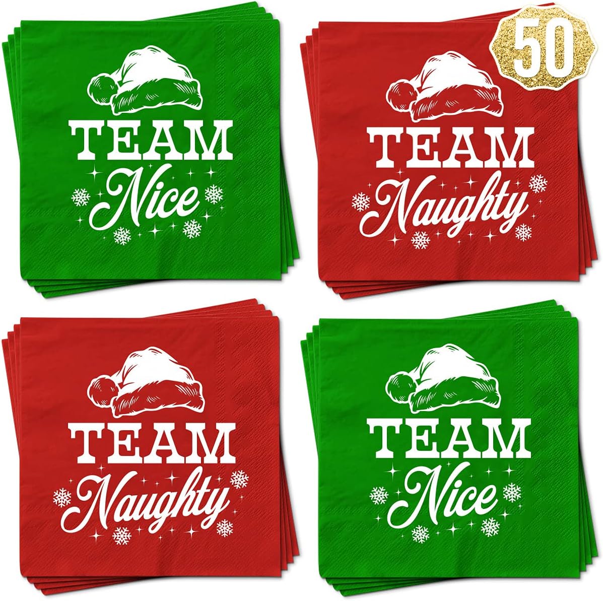 50 Count Christmas Cocktail Napkins | Team Naughty + Nice 3-Ply 5x5
