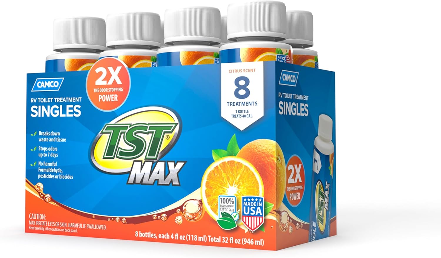 Camco TST MAX Toilet Treatment Singles - Odor Control & Waste Breakdown - Pack of 8 - Orange Scent