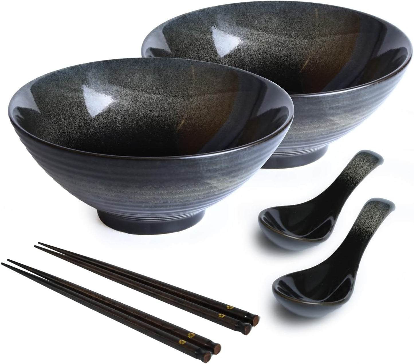Japanese Retro Style Ramen Bowl Set - 40 oz, 2 Spoons, Chopsticks - Microwave & Dishwasher Safe