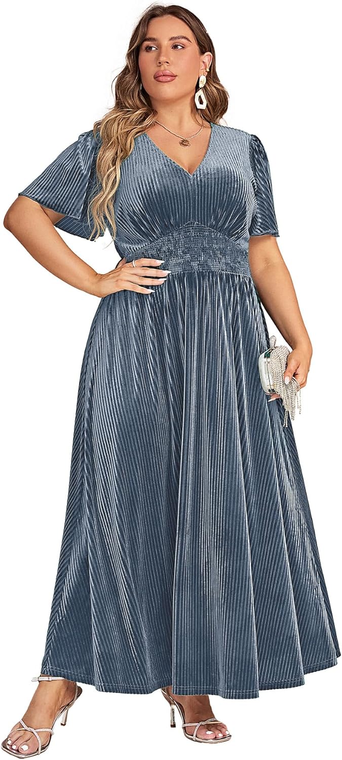 Elegant V Neck Velvet Maxi Dress for Wedding Guests and More