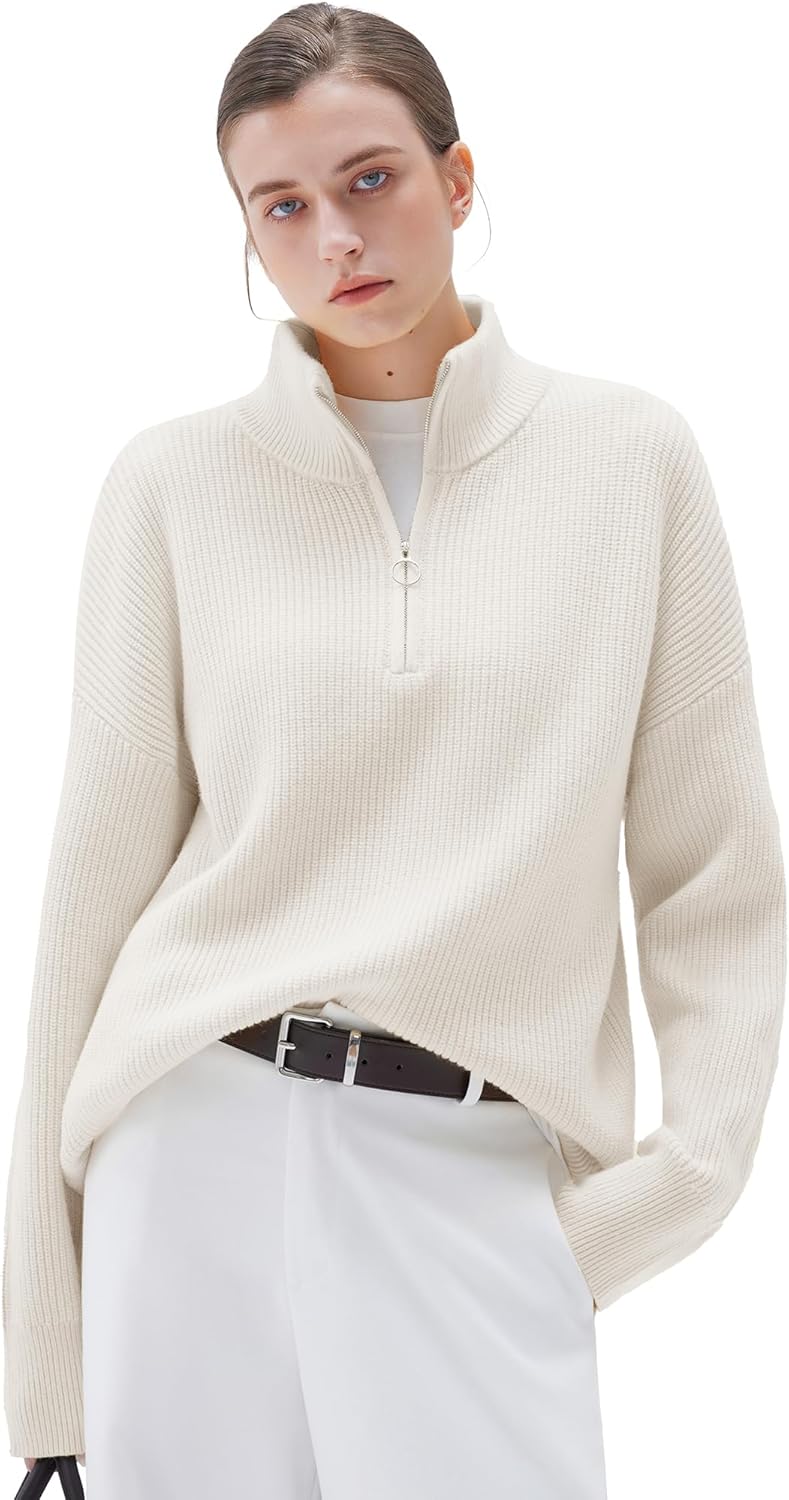 Cashmere Oversized Quarter Zip Pullover Sweater for Women