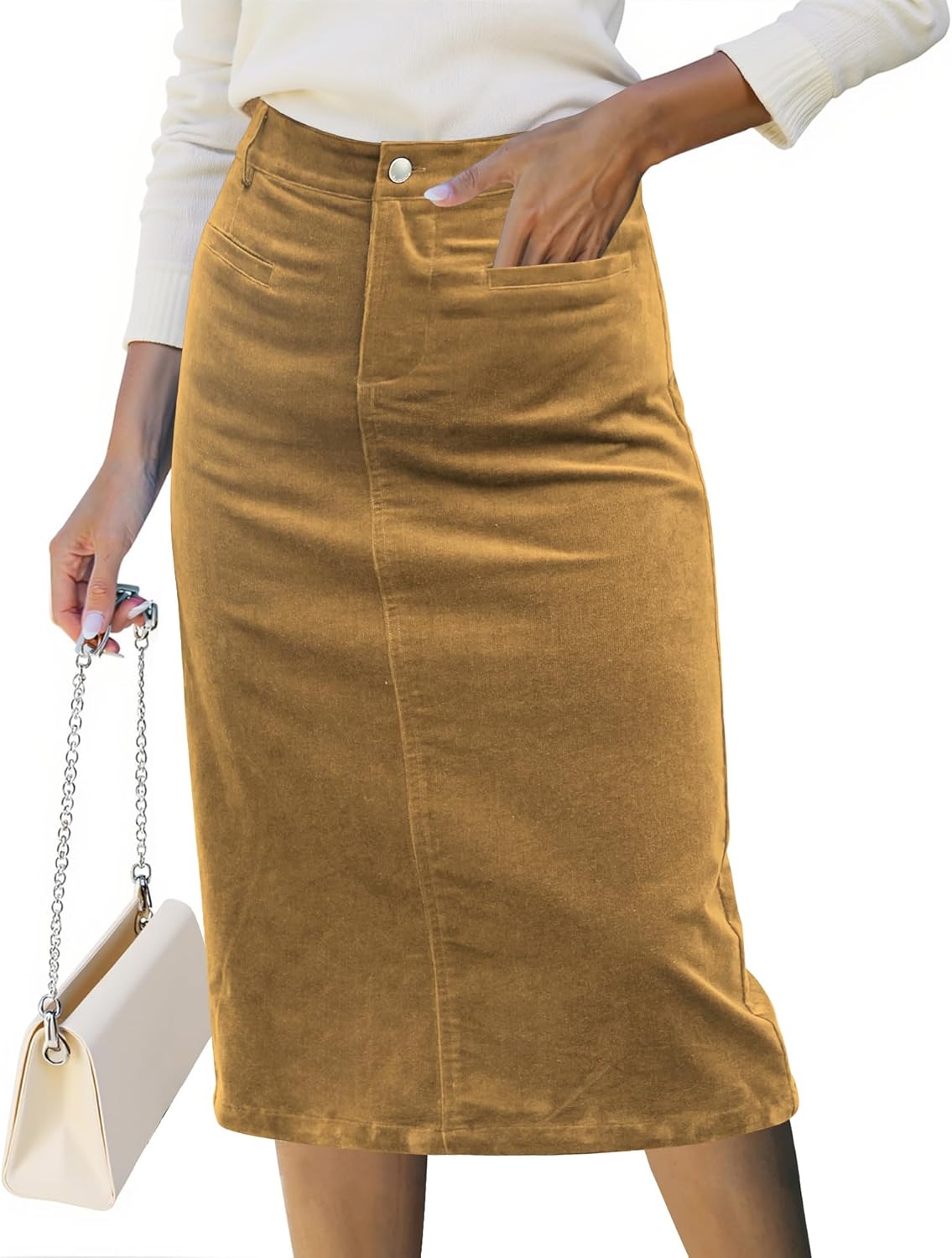 Luvamia Corduroy Skirts for Women Midi Length High Waisted