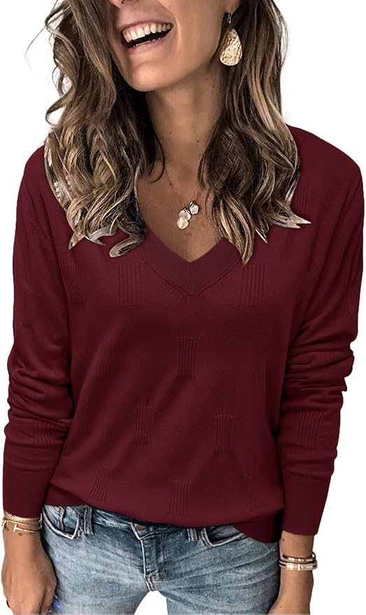 Arach&Cloz Women's Fall Fashion V Neck Long Sleeve Sweater