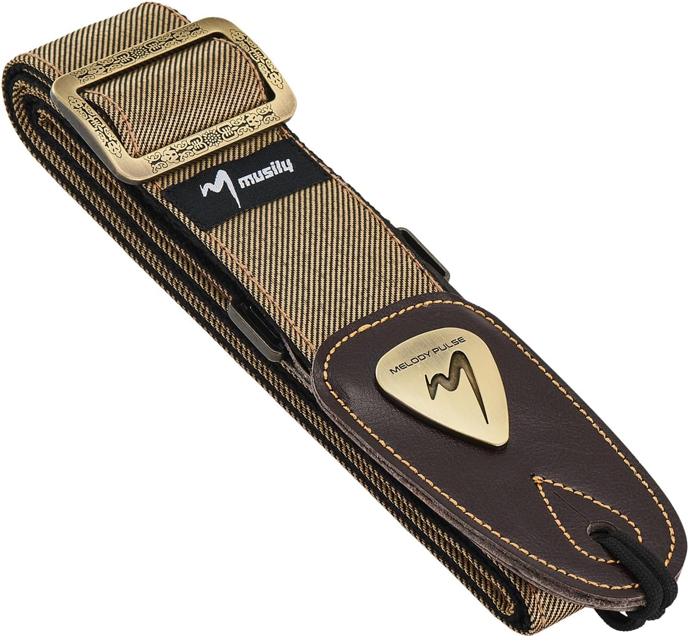 Ultimate Comfort Guitar Strap - Denim & Cotton, Double-Layer Leather Ends, Metal Logo! (Khaki)