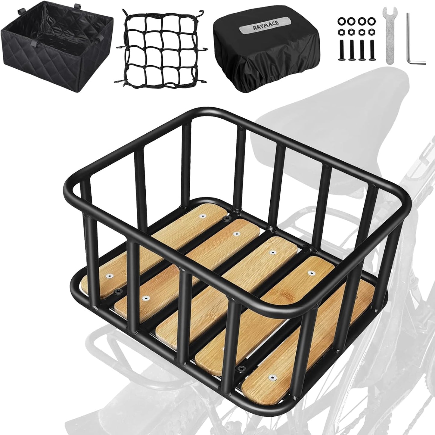 RAYMACE Bike Basket Rear with Bamboo Base and Rainproof Cover