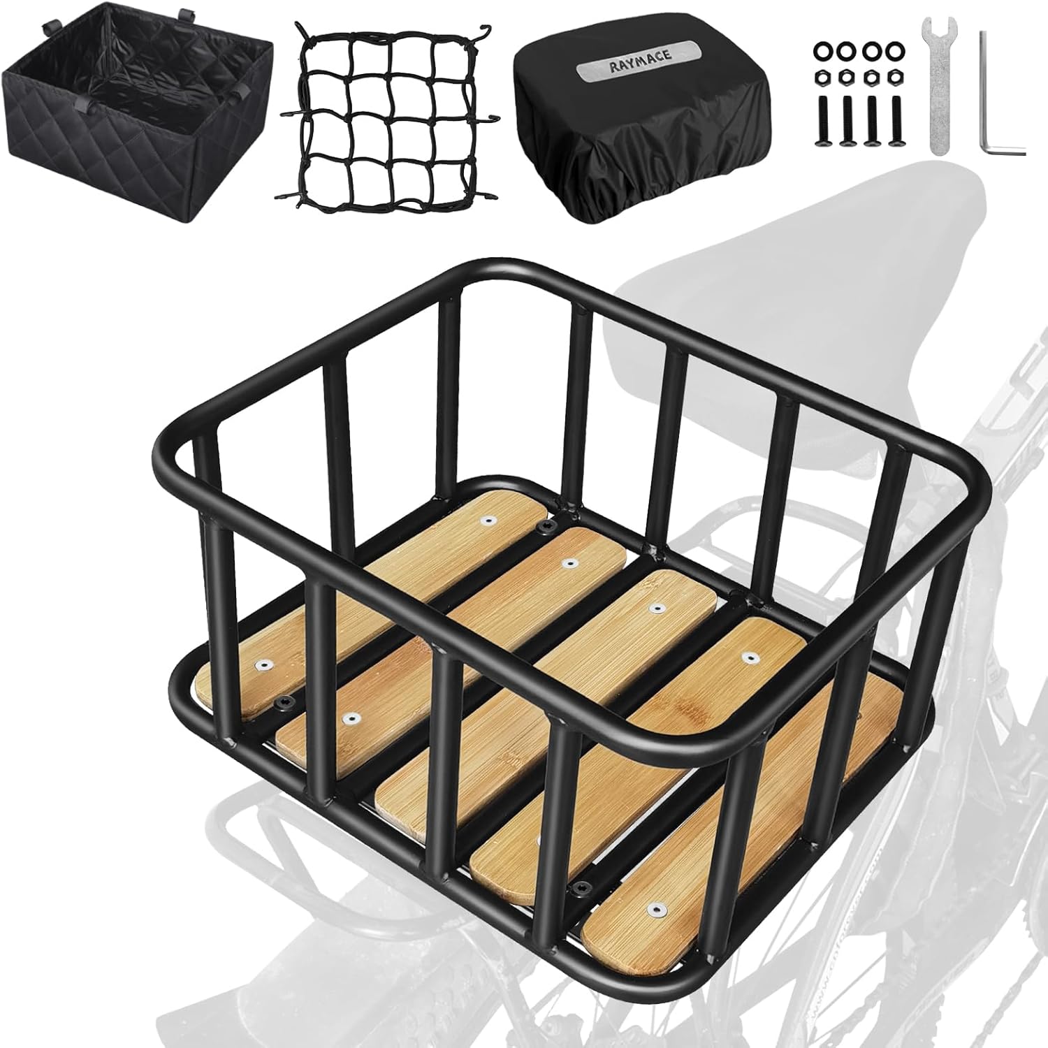 RAYMACE Bike Basket Rear with Bamboo Base and Rainproof Cover