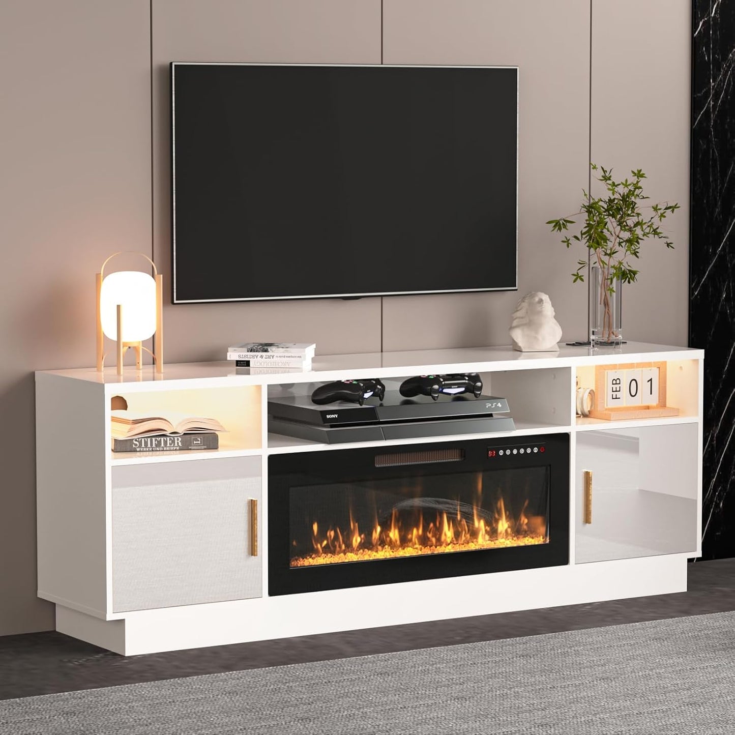 Modern White Electric Fireplace TV Stand- 80 Entertainment Center