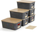Small Plastic Storage Bins with Bamboo Lids 6-Pack - Stackable 5.2qt