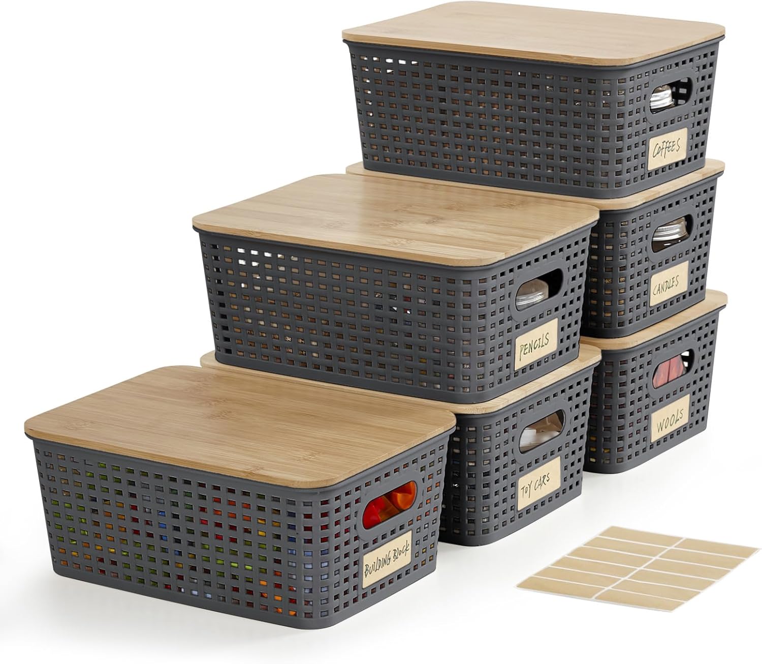 Small Plastic Storage Bins with Bamboo Lids for Organizing