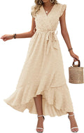 Women V Neck Summer Dress Swiss Dot Maxi Wrap - Flowy Boho Style