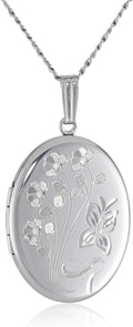 Sterling Silver Engraved Flowers Oval Pendant Locket 20in