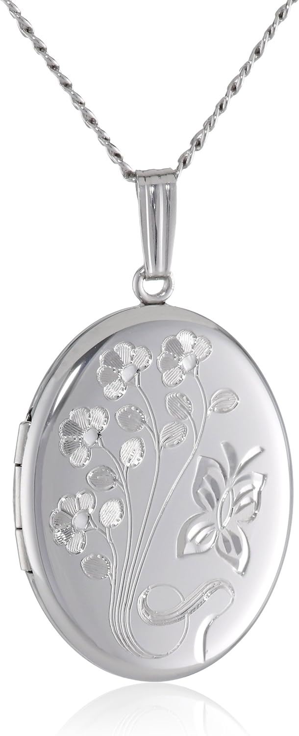 Sterling Silver Engraved Flowers Oval Pendant Locket, 20 in