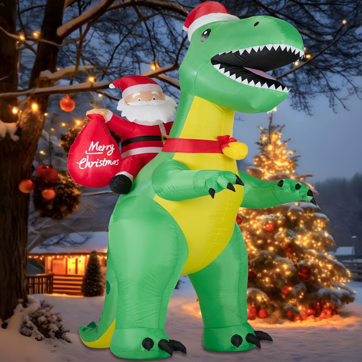 8FT Christmas Inflatables Santa Claus Riding Dinosaur for Yard