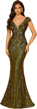 Womens Sequined Long Evening Gown Olive Green - Mermaid Elegance