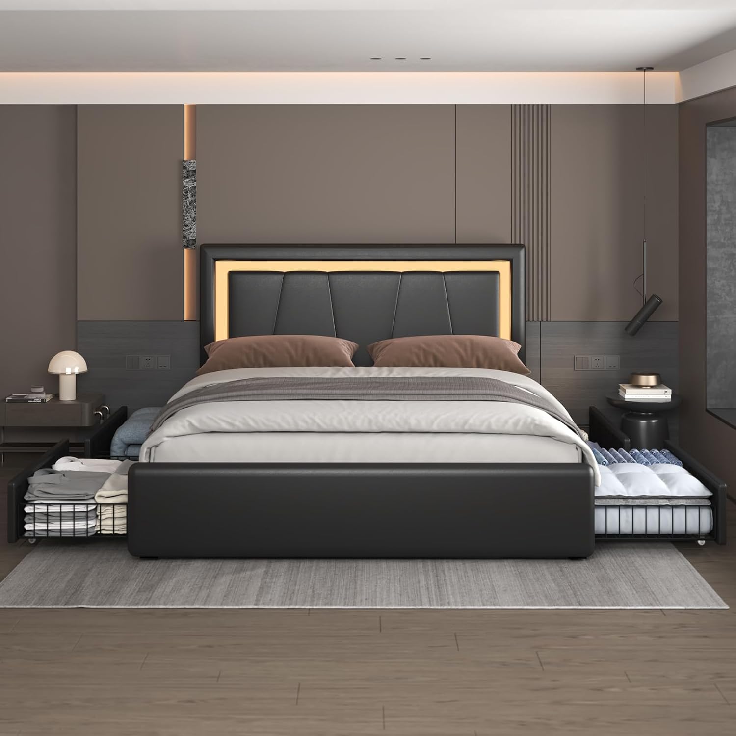 Queen Bed Frame with Storage Drawers and Adjustable Headboard
