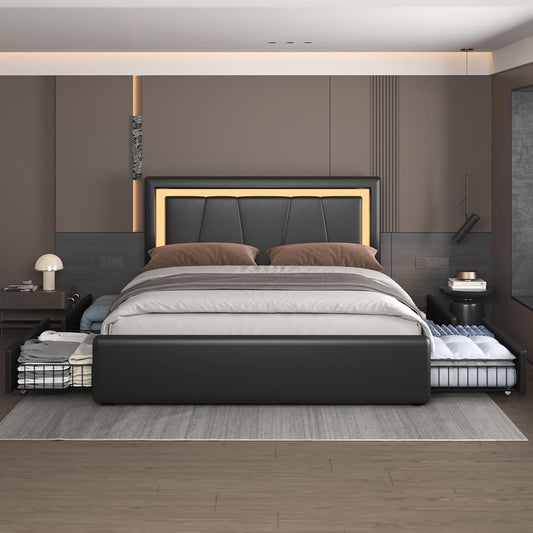 Queen Bed Frame with Storage Drawers and Adjustable Headboard