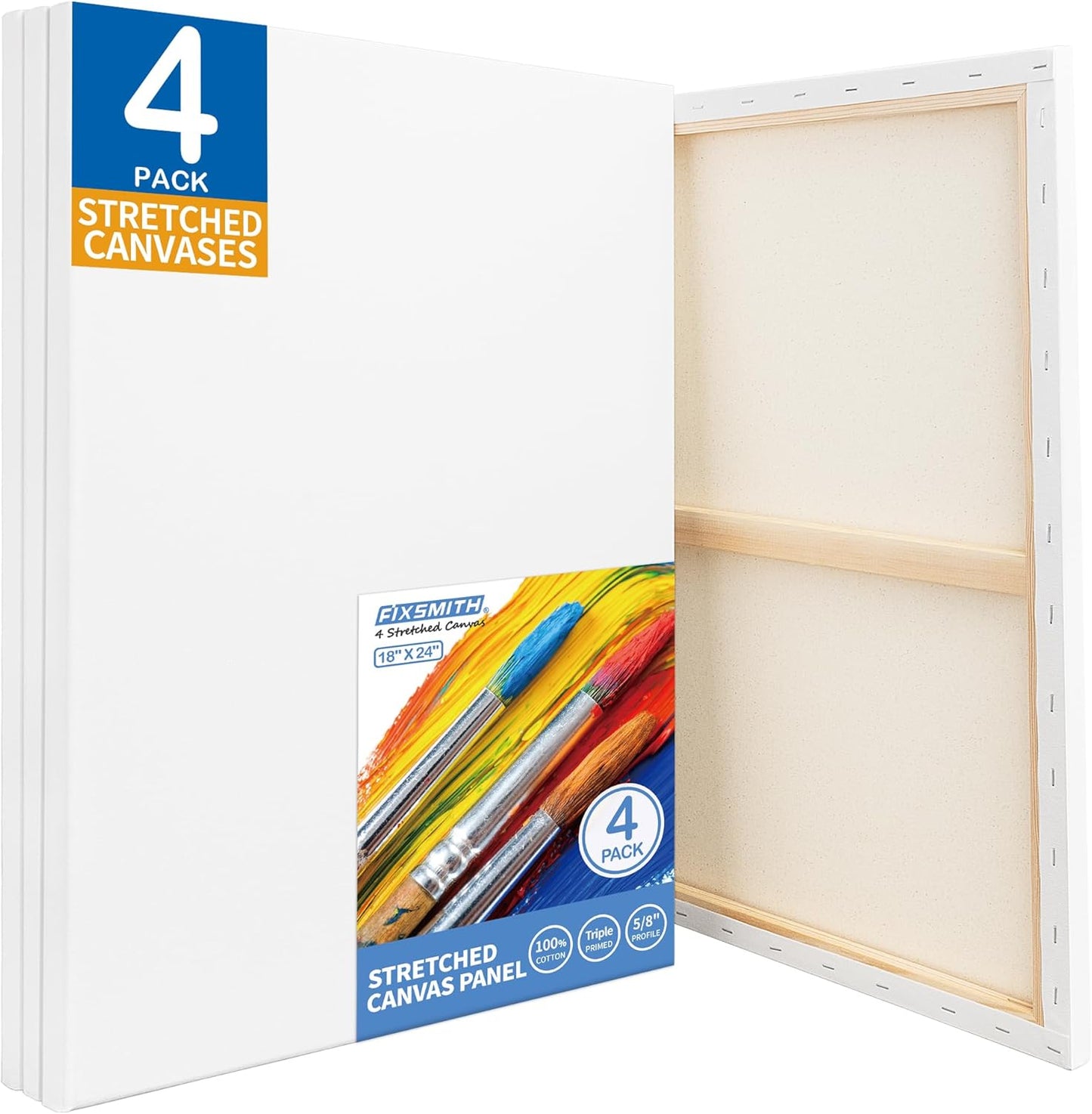 FIXSMITH Stretched White Blank Canvas 18x24 Inch 4 Pack for Artists