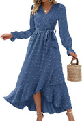 Long Sleeve Maxi Dress V Neck Swiss Dot Boho - Flowy Slit Wedding