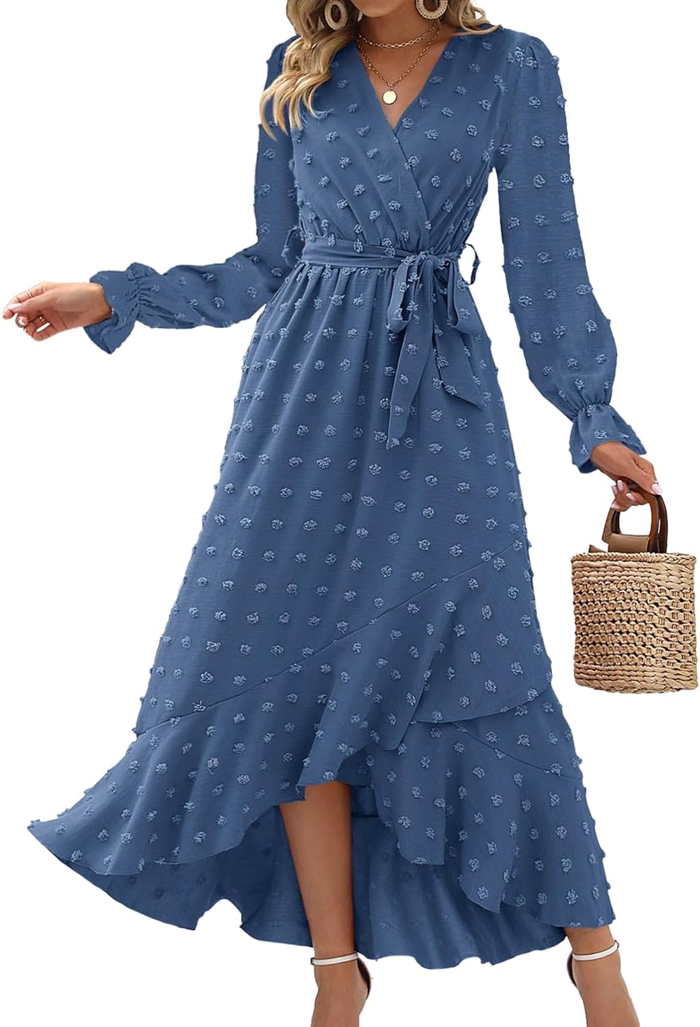 BTFBM Long Sleeve Maxi Dresses for Women V Neck Swiss Dot Style