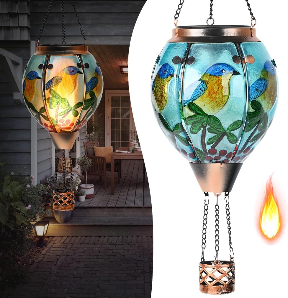 Hot Air Balloon Solar Lantern - Bluebird Glass Lantern for Decor