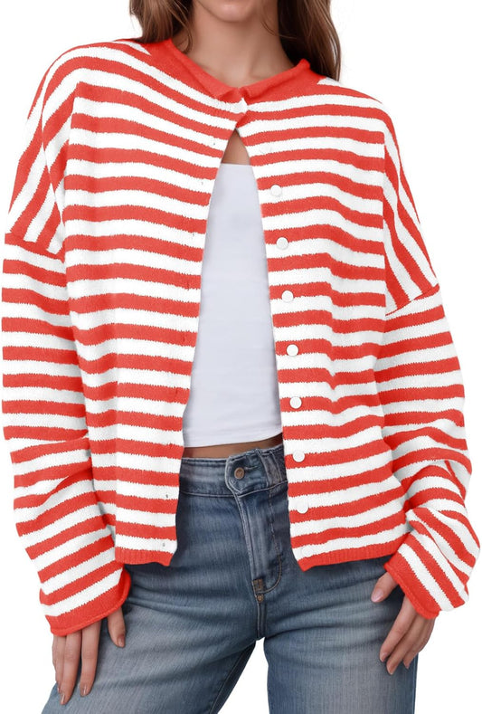 Womens Striped Cardigan Casual Long Sleeve Open Front Sweater