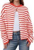 Womens Striped Cardigan Casual Long Sleeve Button Down (Style 258P)