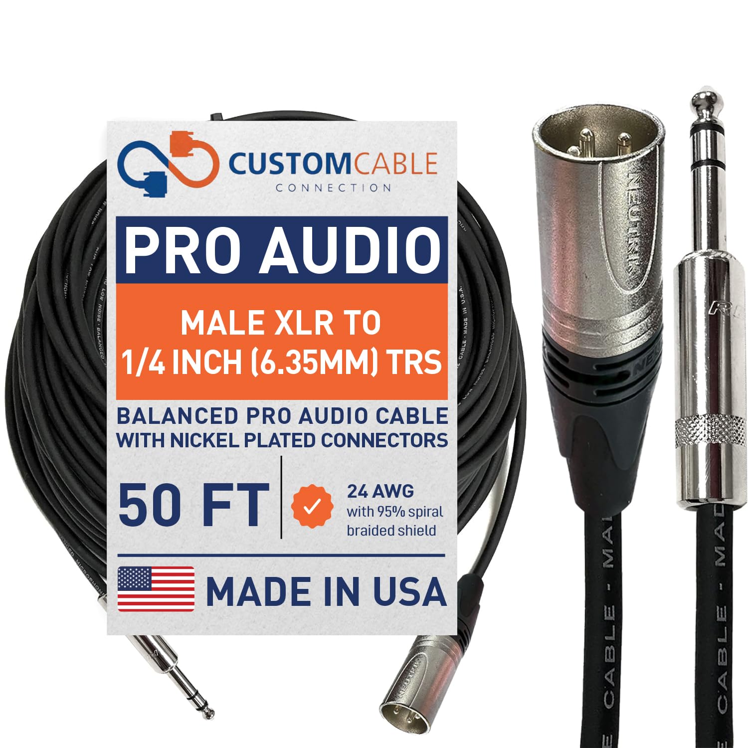 Custom Cable Connection 50 Foot XLR to TRS Pro Audio Cable