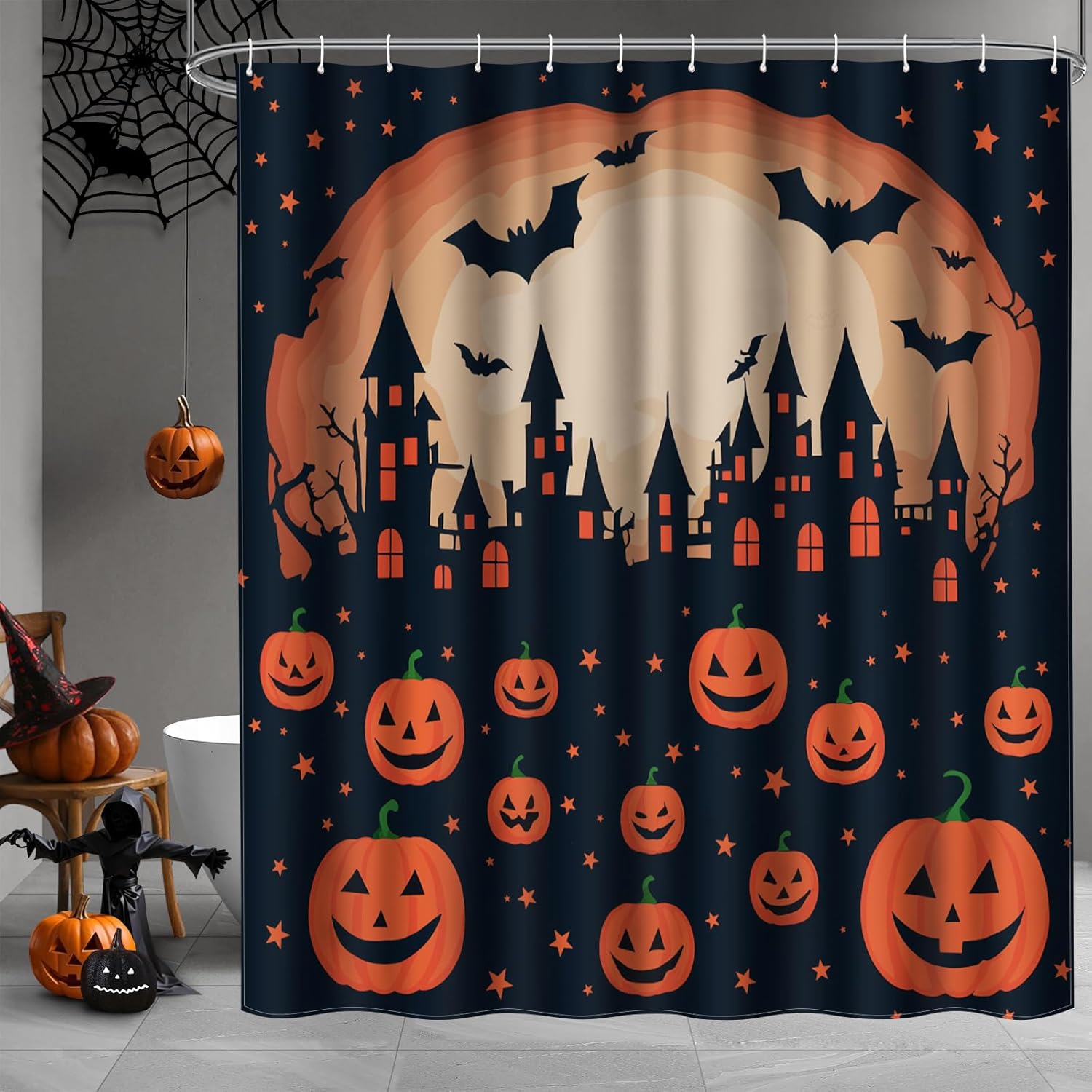 Hilarious Halloween Shower Curtain Set, Skeleton & Jack o Lantern Design, 72x72 Fabric