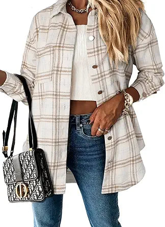 SHEWIN Womens Long Sleeve Plaid Shacket Jacket for All Seasons