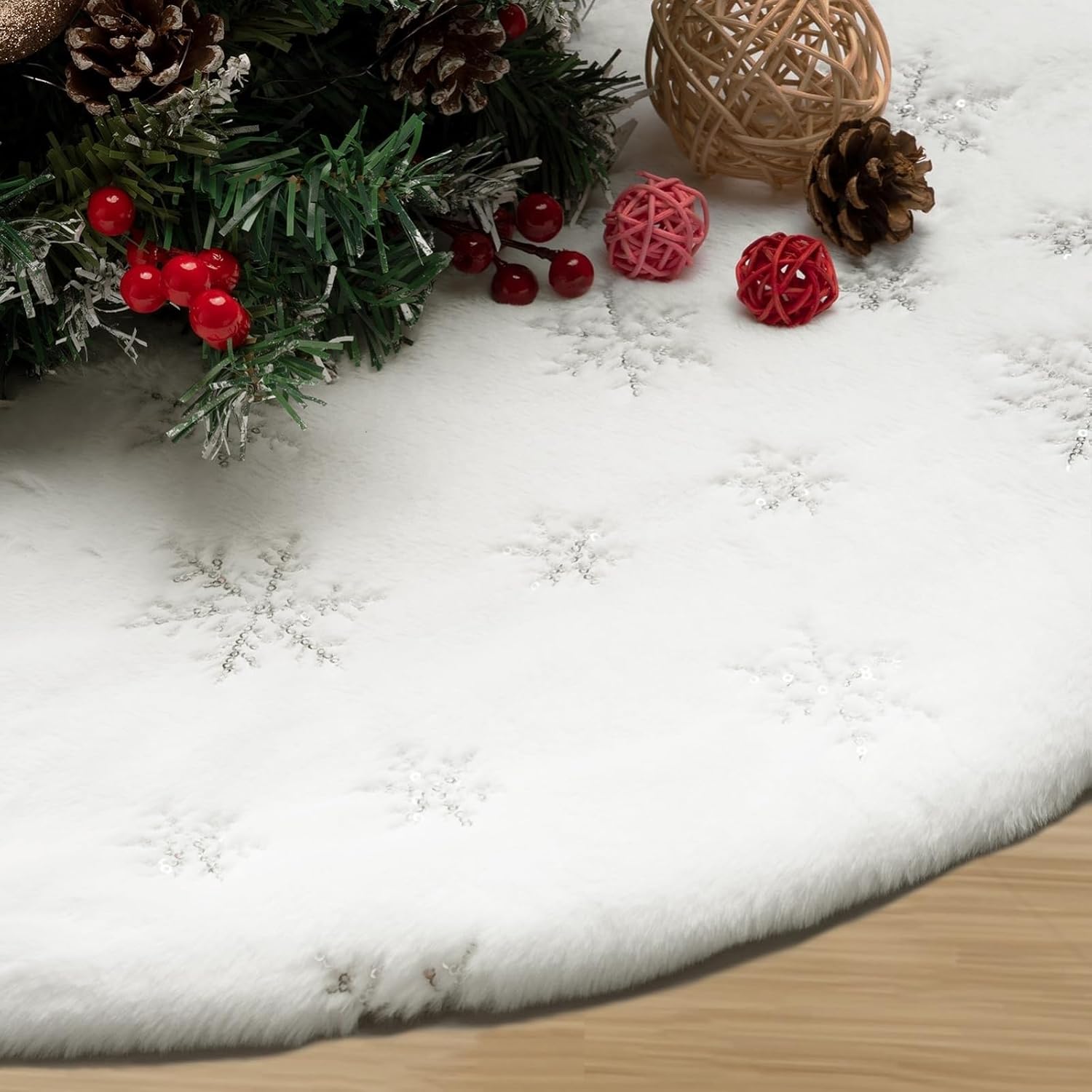 Faux Fur Christmas Tree Skirt 48 Inch with Silver Snowflakes