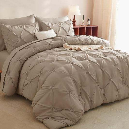 CozyLux Queen Comforter Set Khaki - 7 Pieces Pintuck Bedding